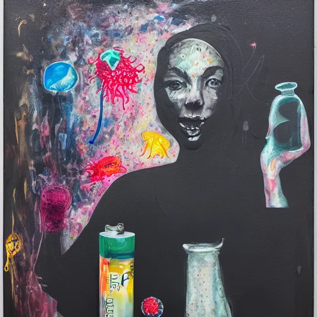 Image similar to a portrait in a dark apartment, moonlight from a window, a female art student holding a jellyfish, milk puddles, berries, broken bottles, metaphysical, neo - expressionism, surrealism, acrylic and spray paint and oilstick on canvas