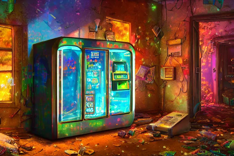 Prompt: an holographic vending machine inside the interior of an abandon house, sunny day, long shot, matte painting, digital art, in the style of studio ghibli, vivid colors, highly detailed, 8 k, establishing shot, smooth, trending on artstation, illustration, realistic