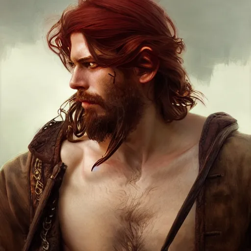 Image similar to portrait of a young ruggedly handsome pirate, male, masculine, upper body, red hair, long hair, d & d, fantasy, intricate, elegant, highly detailed, digital painting, artstation, concept art, matte, sharp focus, illustration, art by artgerm and greg rutkowski and alphonse mucha