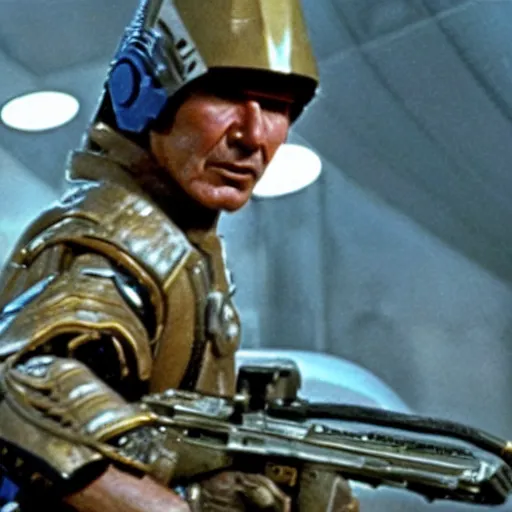 Image similar to movie still, 1 9 8 0 s, harrison ford as armored alien hunter, photorealistic, hyperdetailed, by ridley scott and john carpenter, blue leds