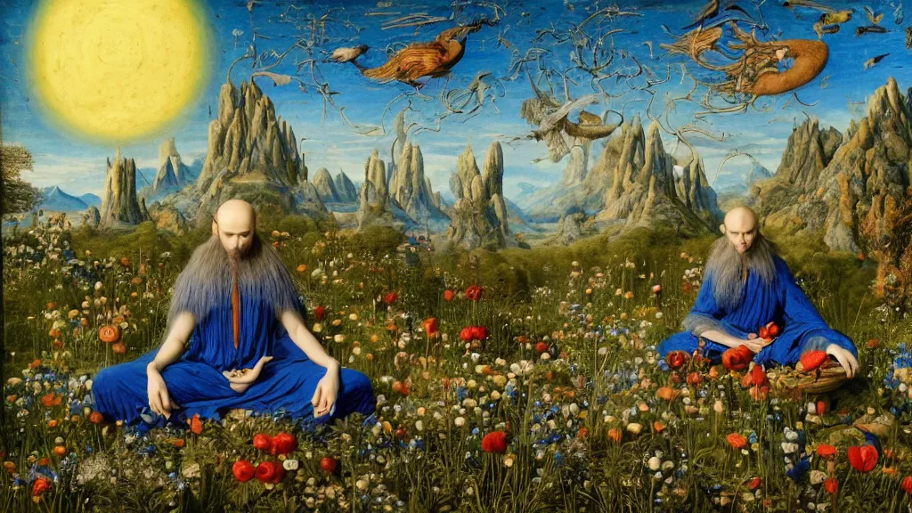 Image similar to a fish eye lense photograph of a meditating druid werewolf surrounded by towering bulbous flowers. wide landscape with mountains, river delta. clear blue sky with stars and birds. painted by jan van eyck, max ernst, ernst haeckel and ernst fuchs. trending on artstation, 8 k, award winning, fashion editorial, mythology, photorealistic, cacti everywhere