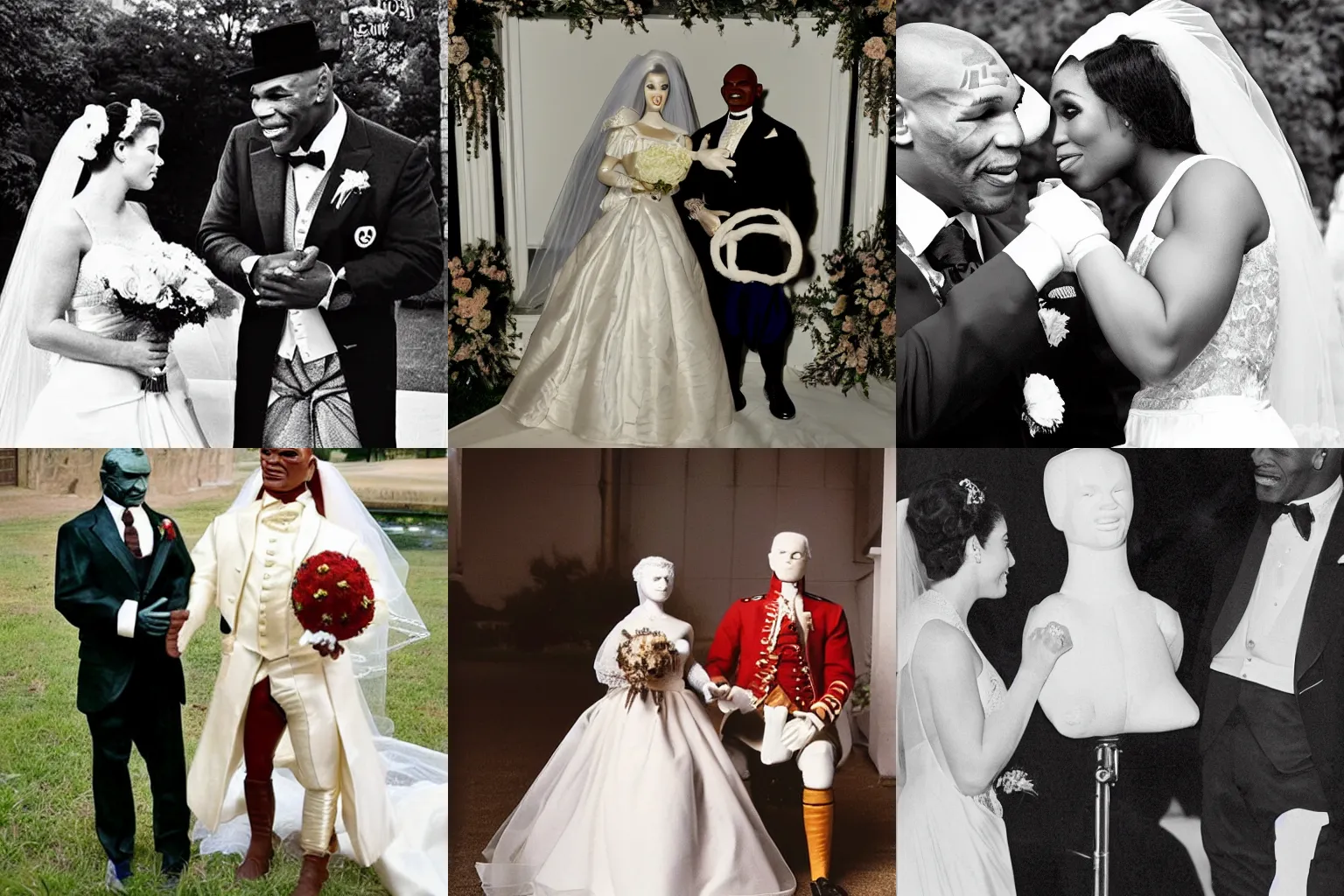 Prompt: photograph of mike tyson marrying a george washington mannequin, beautiful wedding photograph, true love, union between man and mannequin