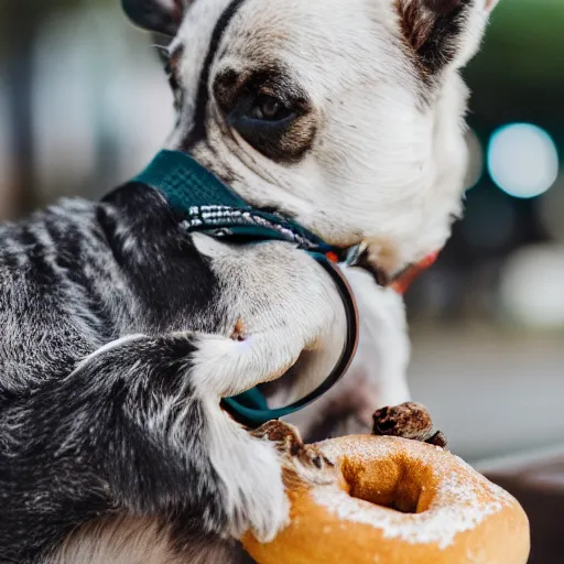 Image similar to closeup photo of cute pariah - dog eating bagles from mesh bag, shallow depth of field, cinematic, 8 0 mm, f 1. 8