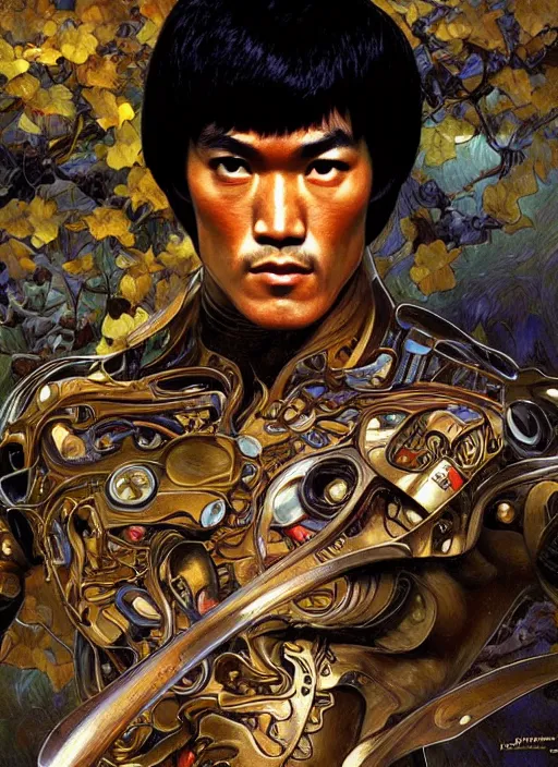 Image similar to bruce lee as a organic cyborg, diffuse lighting, fantasy, intricate, elegant, highly detailed, lifelike, photorealistic, digital painting, artstation, illustration, concept art, smooth, sharp focus, art by john collier and albert aublet and krenz cushart and artem demura and alphonse mucha