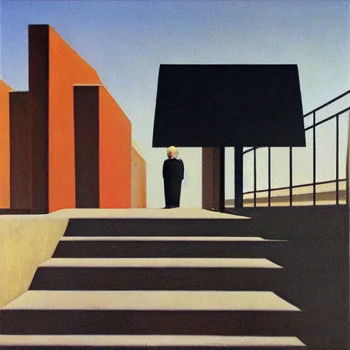 Image similar to “ painting by magritte and jeffrey smart, featuring stairs ”