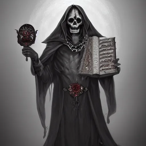 Image similar to A Dark art illustration of undead sorcerer holding a big grimoire by Adam Duff, Ruby insets, chains, monstrous skull, 4k, trending on artstation, pinterest, pixiv