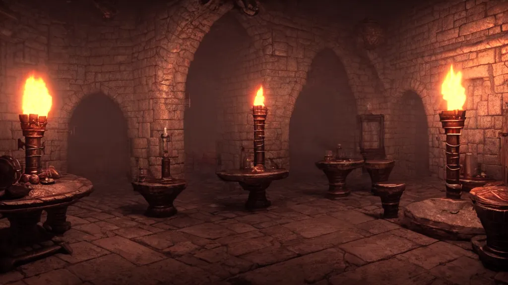 Prompt: delicious torch lit prison dungeon jail cell alchemist light magic skulls scattered around atmospheric unreal engine hyperreallistic render 8k character concept art masterpiece screenshot from the video game the Elder Scrolls V: Skyrim moody orange 2700K global illumination