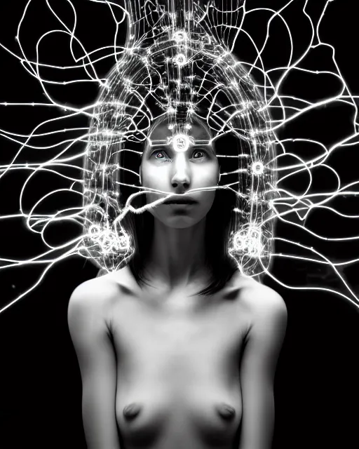 Image similar to black and white spiritual connected young female cyborg - plant goddess high quality photo, microchip, artificial intelligence, bio - mechanical bio - luminescence, black wired cables, neurons, nerve cells, cinematic, rim light, photo - realistic, elegant, high detail, 8 k, masterpiece, high fashion