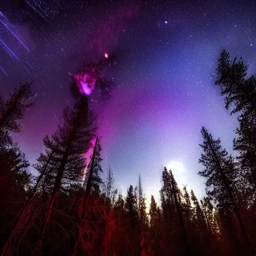 Image similar to A dark forest at night where you can see the Orion Nebula in the sky through the trees, highly detailed, gorgeous lighting, photo realistic, colorful 4k