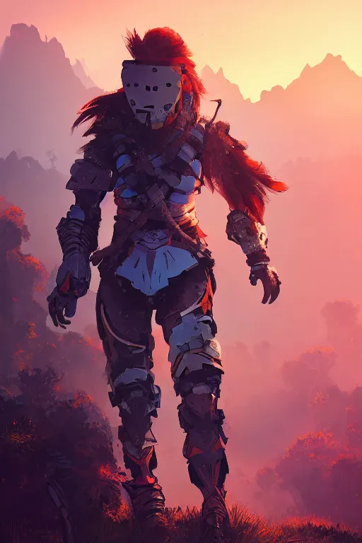 Image similar to combination suit armor aloy horizon forbidden west horizon zero dawn radiating a glowing aura global illumination ray tracing hdr fanart arstation by ian pesty and alena aenami artworks in 4 k tribal robot ninja mask helmet backpack