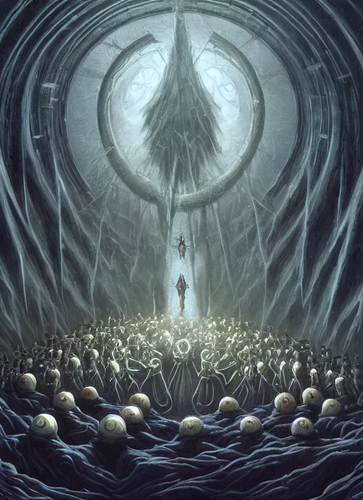 Image similar to a quantum computer surrounded by a dark cabal of multiple hooded elven mystics in long dark robes gathered in a circular formation, dan seagrave art, michael whelan, artstation, cgsociety, epic scifi fantasy art