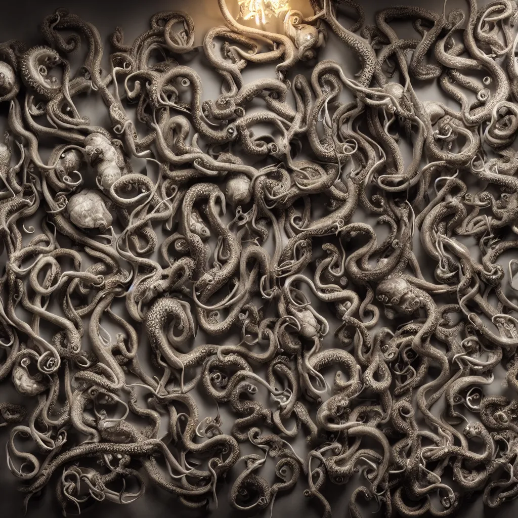 Image similar to a wideshreen photo of a huge cabinet full of octopuses cinematic lighting, silverplate, hyper realistic, very detailed, Octane render 8k