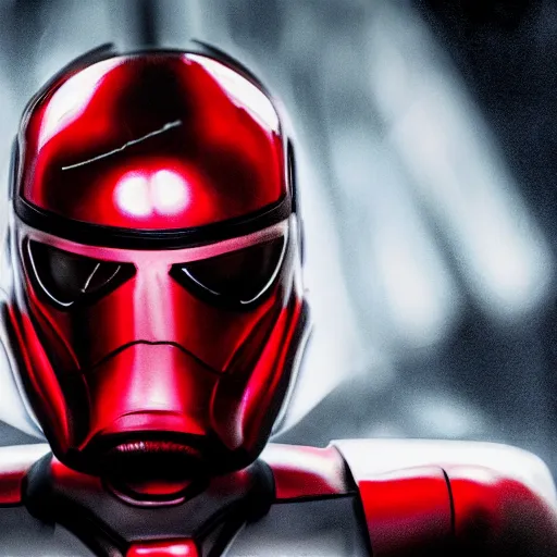 Image similar to Pixar, Star Wars, Marvel, black + red + white ant head superhero, wearing futuristic cybernetic battle armor, close up dramatic lighting, portrait, realistic reflection