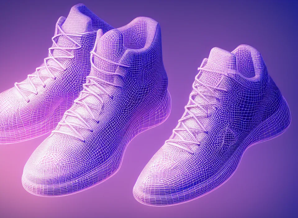 Prompt: realistic 3 d render of a futuristic sneaker, beautiful studio lighting, soft, sharp focus, neon glowing lines, intricate detail, purple and blue leather, soft white rubber, shiny plastic, hexagon mesh, gold filigree, octane render, side view, close up, trending on artstation, deviantart, nike, asics, salomon