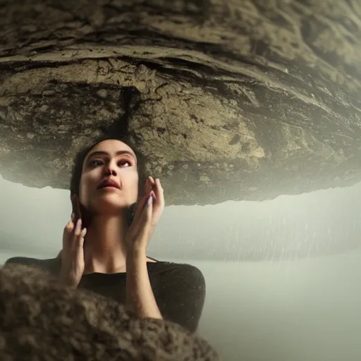 Image similar to Woman sitting under a ginormous rock overhead, partially cupping her hands, gesturing it outward!!!!! to the camera!!!!!, in a rainy environment, fisheye!!!!! lens!!!!!, rainy and wet atmosphere, closeup, dark and grim lighting, trending on artstation, 4k, 8k