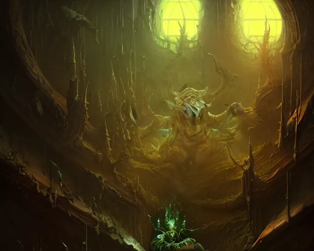 Image similar to 4 k cinematic still portrait of a demon in a dark liminal space room, nurgle rot, deep focus, d & d, fantasy, intricate, repulsive, highly detailed, digital art, art station, concept art, matte, sharp focus, illustration, dark fantasy art, hearthstone, art by artgerm and greg rutkowski and alphonse mucha