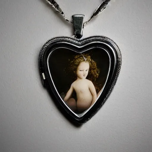 Image similar to sad old end of light, the dying rays peek through shining palace of hair; this locket a symbol of your love whose necklace frames lovingly a soft cherub face, the only beauty you wish would have left too soon to be remembered only in an idealized past. oh woe is you, no? woe is who?