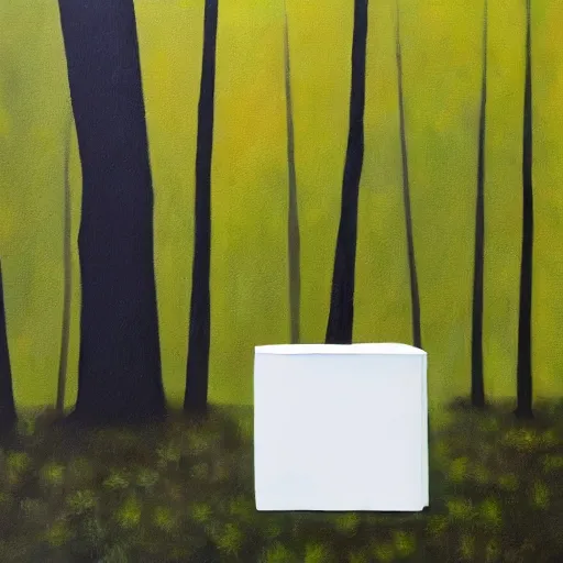 Prompt: oil painting of a white concrete cube sitting in the middle of a forest clearing