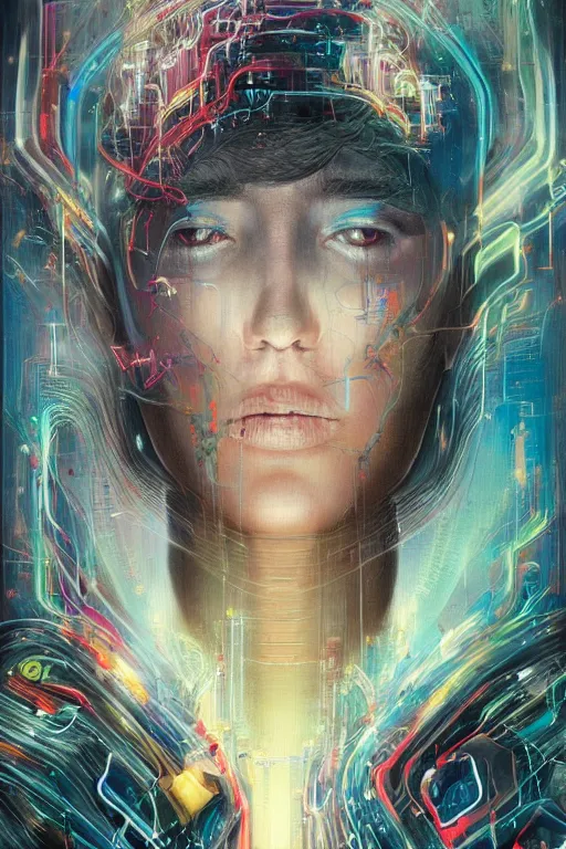 Prompt: portrait of computer & circuits, melting, youtube, 8 k, by tristan eaton, stanley artgermm, tom bagshaw, greg rutkowski, carne griffiths, ayami kojima, beksinski, giger, trending on deviantart, face enhance, hyper detailed, minimalist, cybernetic, android, blade runner, full of colour, super detailed