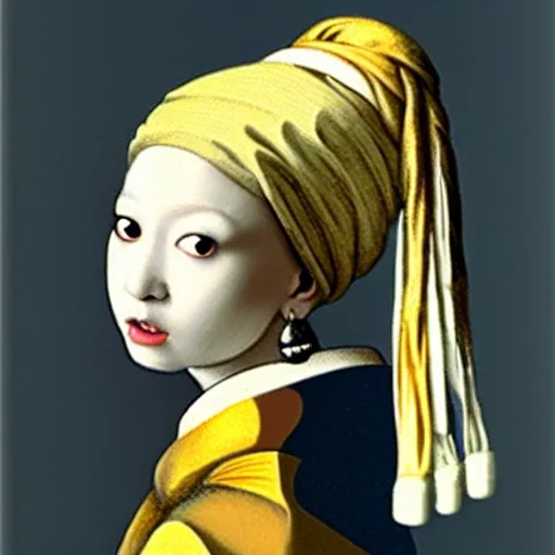 Image similar to portrait of a shiba inu wearing an exotic dress, an oriental turban, and what appears to be a very large pearl as an earring. in the style of girl with a pearl earring by johannes vermeer