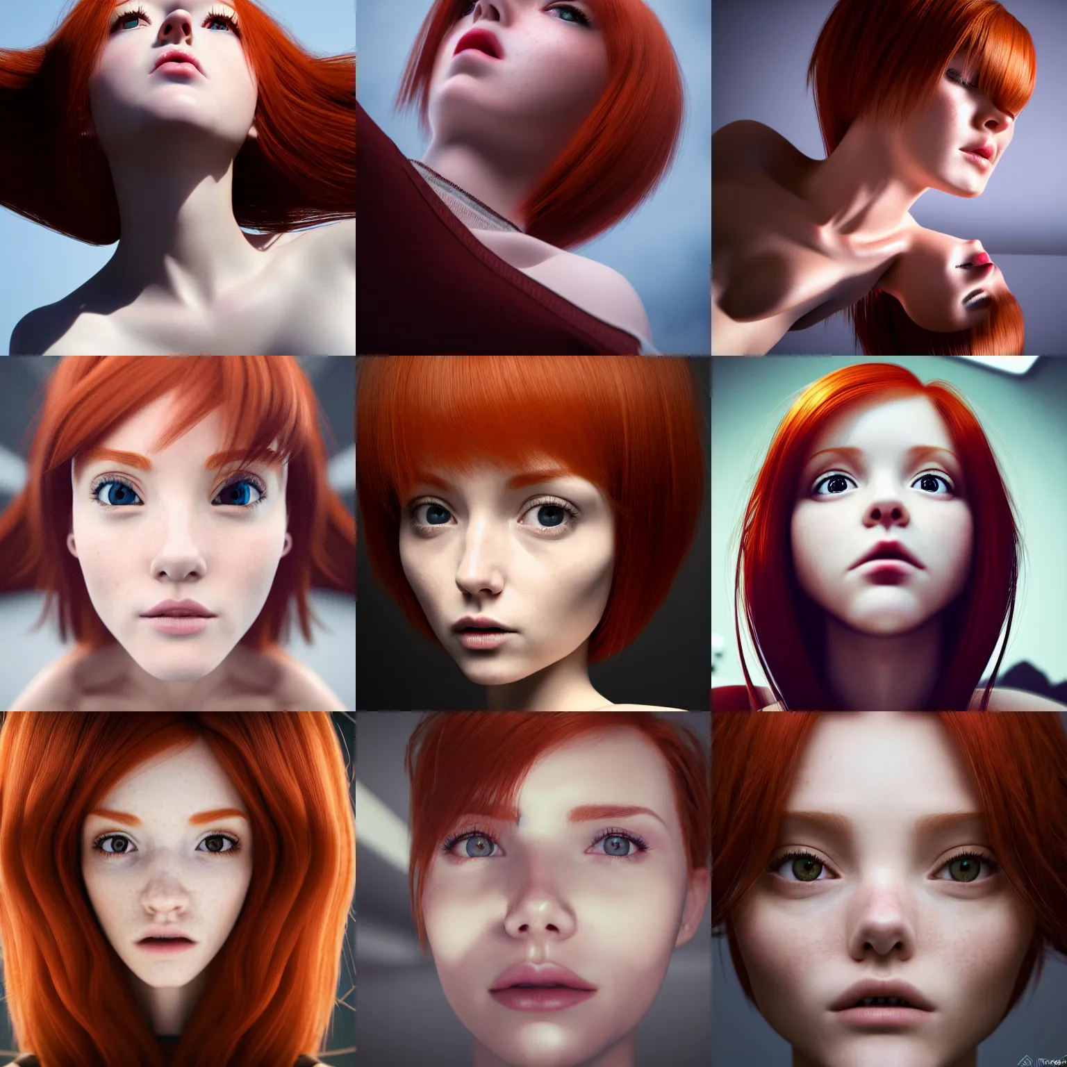 Prompt: photo from below of a redheaded petite girl, 135 mm, trending on artstation, seen from below, view from below, very coherent symmetrical artwork, perfect face, symmetrical face, camera below object, cinematic, hyper realism, high detail, octane render, 8k, chrome accents, unreal engine 5