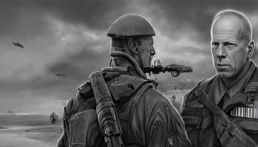 Prompt: black and white 4 0's photos of bruce willis during d - day in omaha beach, hyperdetailed, artstation, cgsociety, 8 k