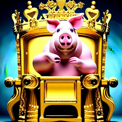 Image similar to pig wearing a gold crown sitting on a kings throne eating a pork rind 8k resolution, award winning, realistic, cinematic concept art