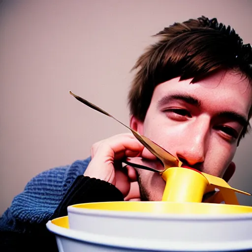 Image similar to kodak portra 8 0 0, flickr photograph of a guy eating glue out of a pot, glue eating guy, yummy glue pot delicious i love eating glue photo