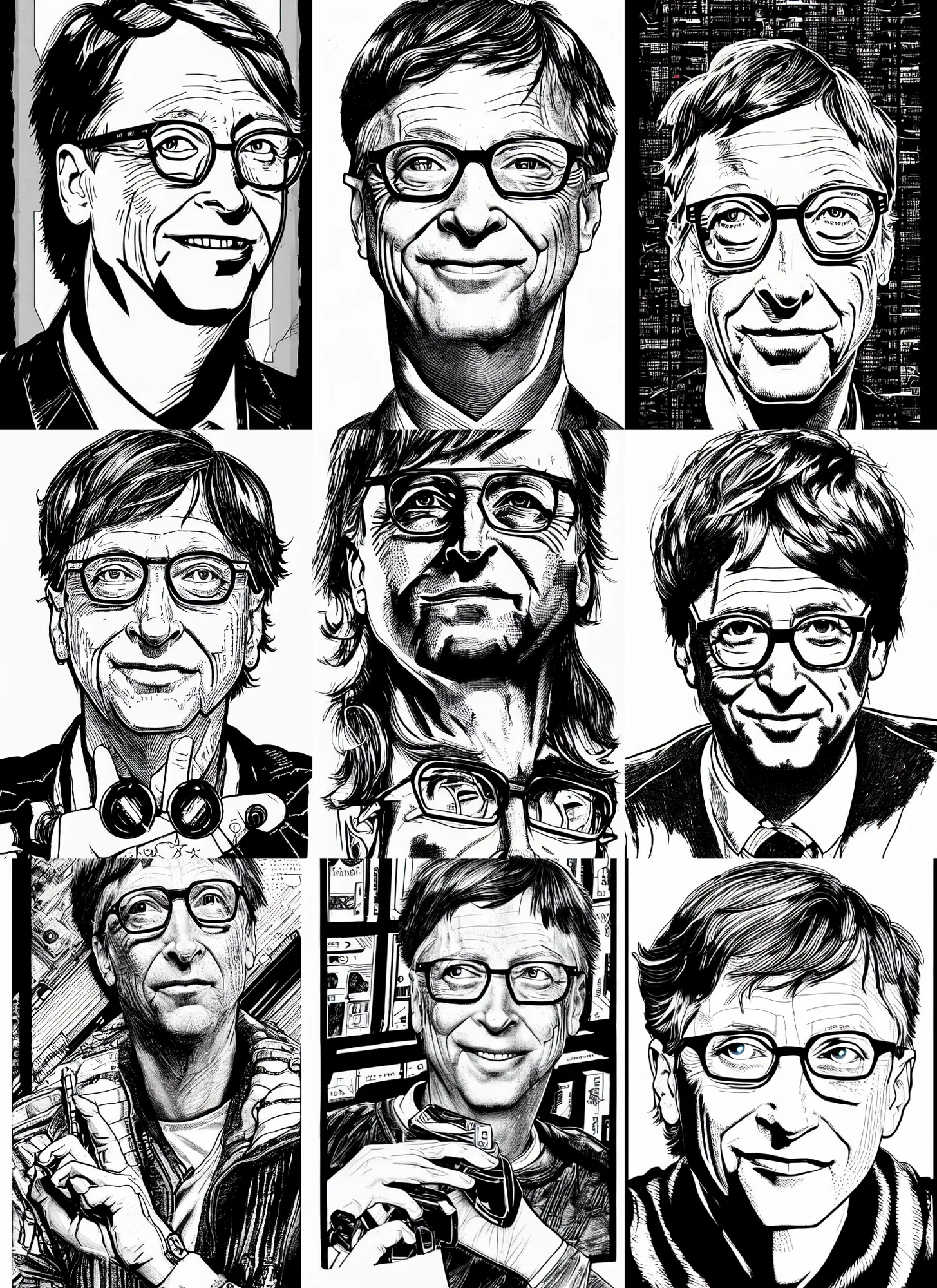 Prompt: bill gates, portrait, cyberpunk 2 0 2 0 manual, by steampoweredmikej, inktober, ink drawing, black and white, coloring pages, manga, highly detailed