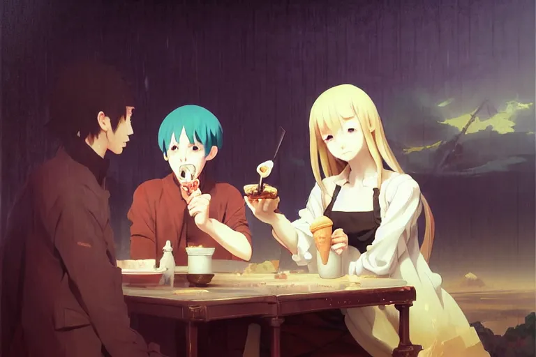 Image similar to baroque oil painting of anime key visual environment concept art of anime girl as joe biden, eating ice cream, brutalist, dark fantasy, rule of thirds, fake hidden detail, trending on pixiv fanbox, acrylic palette knife and brush, style of makoto shinkai studio ghibli genshin impact jamie wyeth james gilleard greg rutkowski