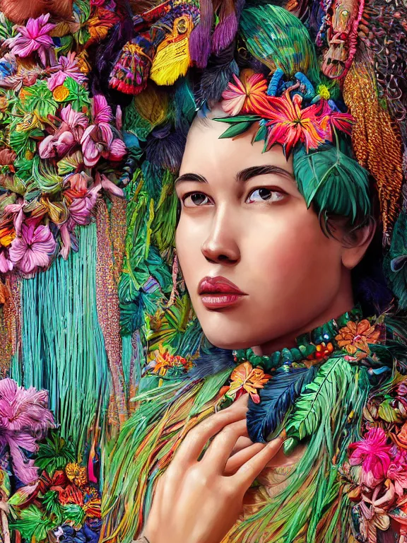 Prompt: beautiful portrait of a Subtropics minority female wearing fantastic Hand-dyed cotton dress, embellished beaded feather decorative fringe knots ,colorful pigtail,subtropical flowers and plants,symmetrical face,intricate,elegant, highly detailed, 8k,post-processing,digital painting, trending on artstation, concept art, sharp focus, illustration,by Steve McCurry and Tom Bagshaw and Daniel Gerhartz and Albert Aublet and Lawrence Alma-Tadema