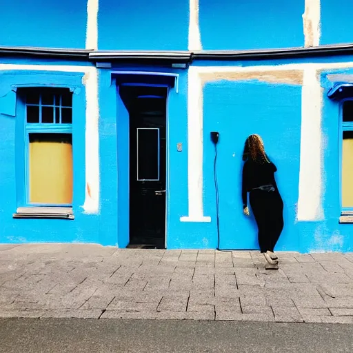 Prompt: a woman on the street, facing a blue portal that leads to a beach at sunset