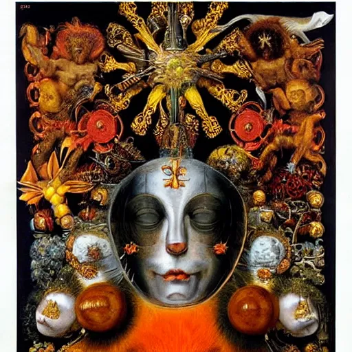 Image similar to album cover, religious reliquary, new age, black, white, orange, psychedelic, giuseppe arcimboldo