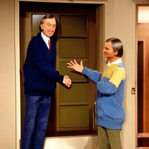 Image similar to mr. rogers welcoming emperor palpatine into his home, color tv screen 1 9 7 0 s