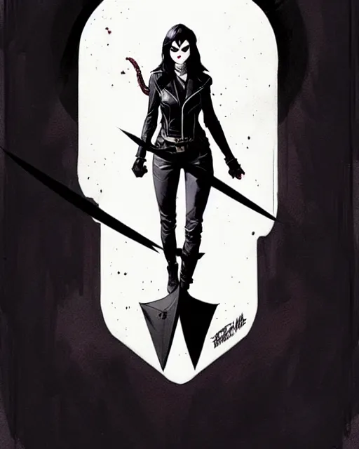 Image similar to rafael albuquerque comic art, peter mohrbacher, phil noto, steve niles, artgerm, pretty willa holland vampire sharp vampire teeth open mouth, symmetrical eyes, black leather jacket, jeans, long black hair