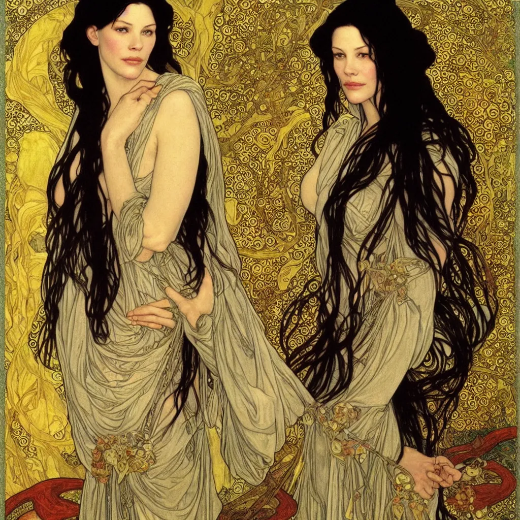 Prompt: Liv Tyler as Arwen Undómie in The lord of the rings made with a combination of the art styles of Alphonse Mucha and Gustav Klimt. Masterpiece. High Quality Details