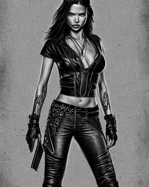 Image similar to Adriana Lima in sons of anarchy tv show, wearing leather , D&D style , highly detailed, digital art, trending on artstation, smooth, sharp focus, illustration, art by artgem and ROBERT HYNES