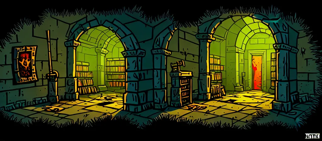 Prompt: A room with a darkened doorway in the endless grimdarkest dungeon depths. trending on artstation, vibrant palette, highly detailed digital illustration. Musty dank library in an overgrown room