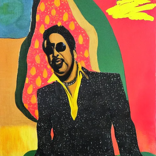 Image similar to a painting of morris day in the style of mordecai ardon.