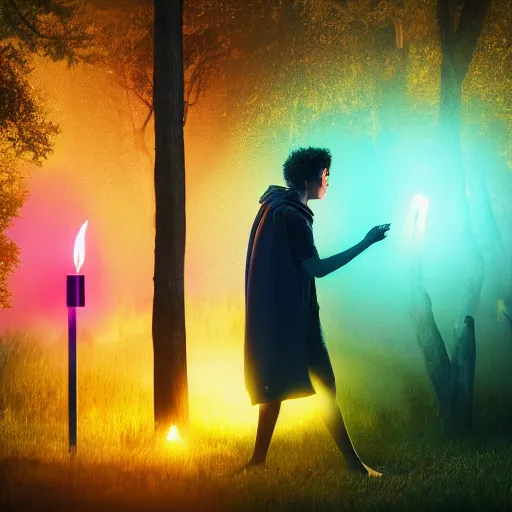 Image similar to a girl glowing with neon colors in the foreground holding a white candle in the distance, and a man in a black cloak walking in the woods behind, at sunset, octane render, realistic lighting, full frame,