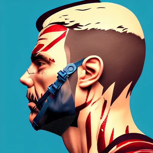 Image similar to a portrait of a man :: side profile blood :: background sea :: intricate details :: oxygen mask :: 3d render :: MARVEL comics and Sandra Chevrier