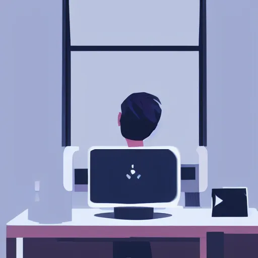 Image similar to illustration of a boy using his computer late night, low lights, dynamic lighting, strong shades, 4k