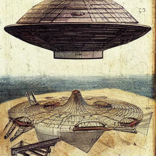 Prompt: vintage, detailed, colored sketch of ufo construction, all parts, with full descriptions, on parchment, by leonardo davinci!