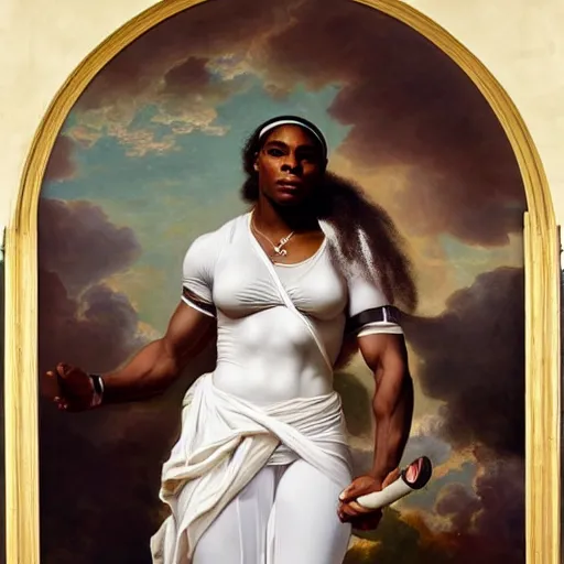 Image similar to Portrait of Serena Williams as Nike Goddess, large wings, luxuriant, dreamy, eternity, romantic, strong pose, highly detailed, in the style of Franz Xaver Winterhalter, highly detailed, in the style of Aetherpunk