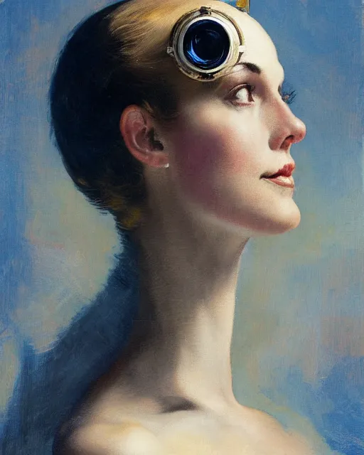 Prompt: head portrait of elegant space woman wearing monocle by norman rockwell, roberto ferri, daniel gerhartz, edd cartier, jack kirby, howard v brown, ruan jia, tom lovell, frank r paul, dean cornwell, astounding stories, amazing, fantasy, other worlds