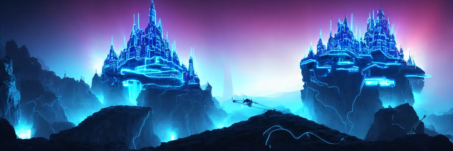 Prompt: tron in the mountain with neon light futuristic hyper realistic cinematic view of floating castle hanging by chains in the air, in between a gorge, below only cloud dark void, structured by chains and cables on base, 8 k resolution