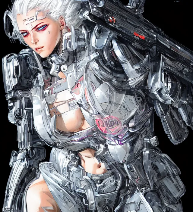 Image similar to highly detailed illustration of a cyberpunk girl with neon eyes and white hair , wearing future mecha, heroically battle posing, muscular, intricate, elegant, highly detailed, centered, digital painting, artstation, concept art, sharp focus, concept art, by Katsuya Terada