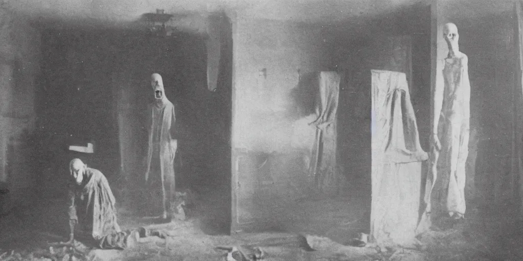 Image similar to scary unproportionable tall ghost creature inside a house crawling around, 1900s picture