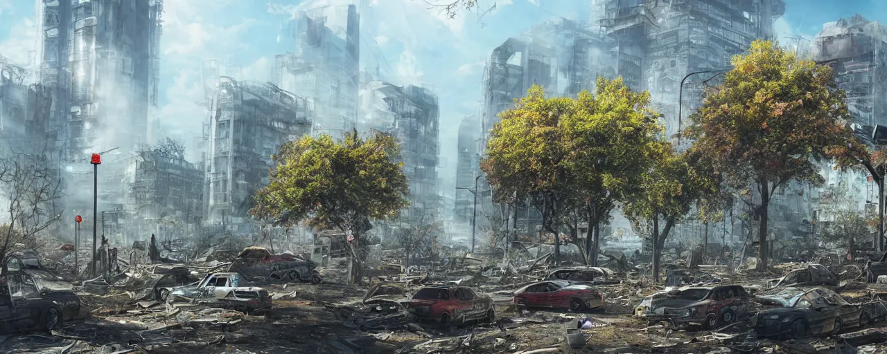 Image similar to A post-apocalyptic city swept by disaster, tall destroyed buildings with plants, an enormous cherry tree blossoming in the middle, biopunk, realistic, digital art, lens flare,