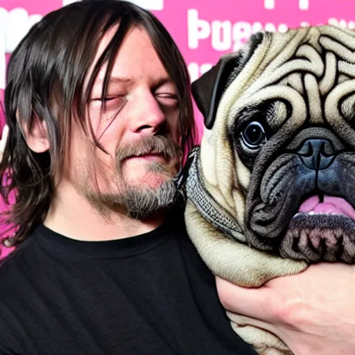 Image similar to Norman Reedus holding an obese pug, photo